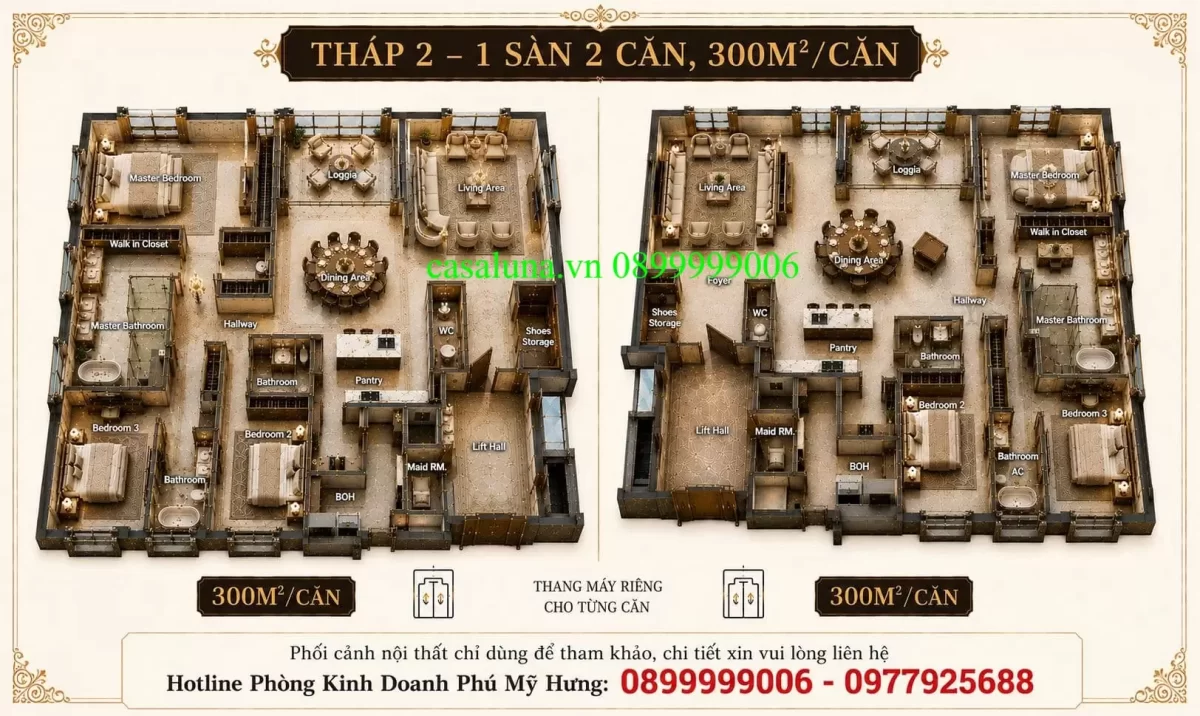 Mặt bằng và Thiết kế căn hộ Casa Luna Phú Mỹ Hưng Quận 7 2 Loại diện tích 1 sàn 2 căn, 300m2/căn